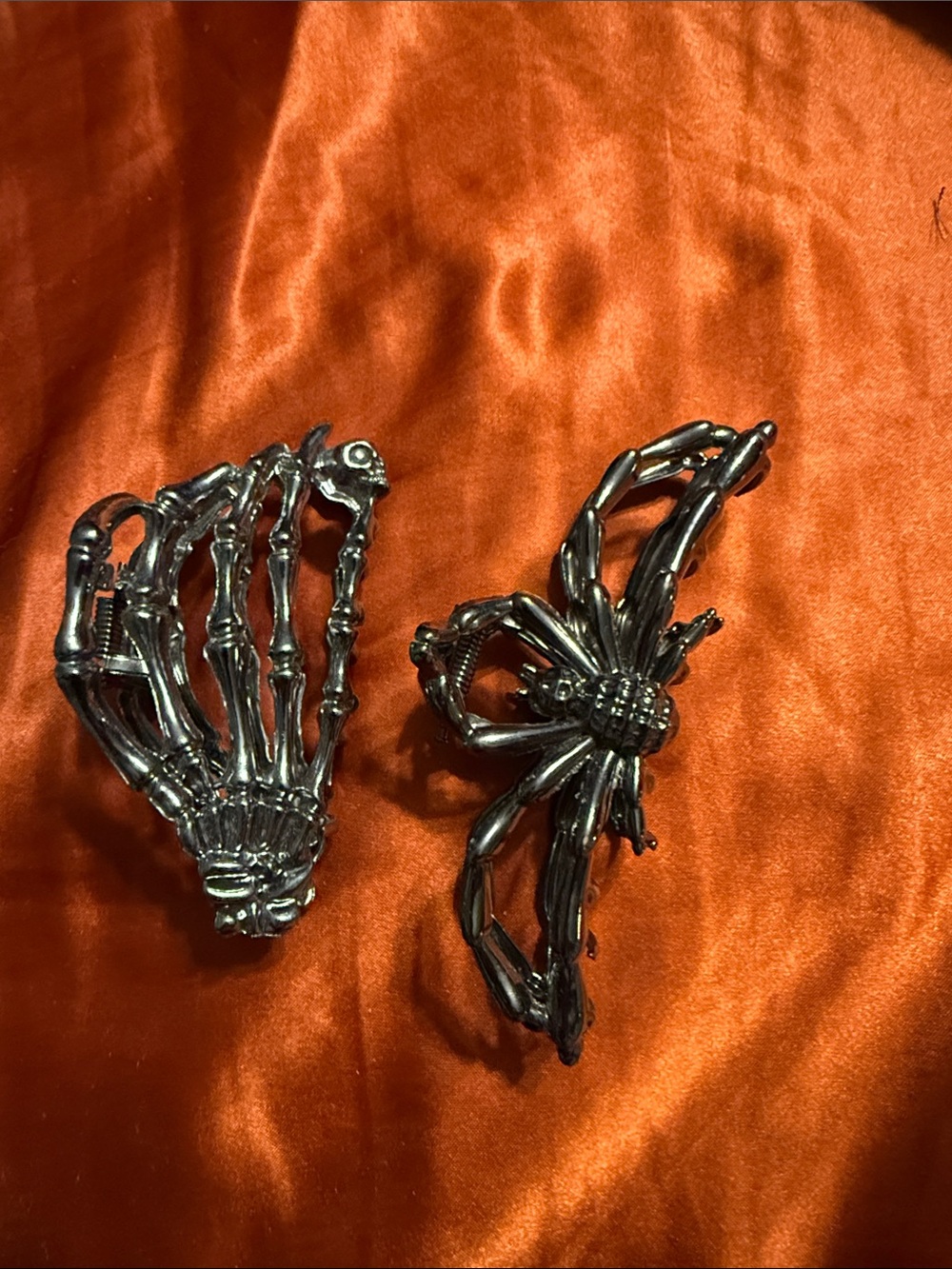 Silver Skeleton Hand and Spider Hair Clips - Gothic Hair Accessories